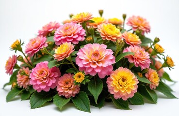Close-up shot of rich lantana flowers in pink and yellow colors against clean white background. Beautiful blooming flowers, fresh green leaves. Ideal for eco tech and design industry.