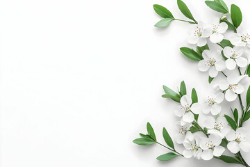 Fototapeta premium White blossoms and green leaves arranged on a white background, leaving ample copy space (2)