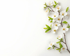 Obraz premium White blossoms and green leaves on a branch arranged on a white background