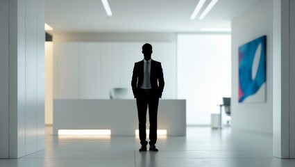 Obraz premium Silhouetted Figure in Modern Office Setting