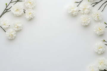 White flowers frame on white background