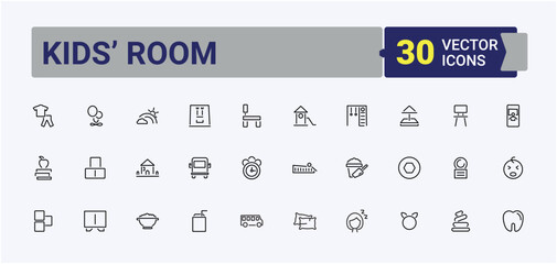 Kids’ Room icon set in linear style. Featuring decor, bedroom, room, interior, child room and more. Children Room icon collection. Minimalist icons collection. Pixel perfect. Vector illustration.