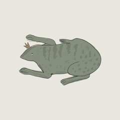 Medieval hand-drawn cartoon sketchy vintage ancient stylized royal frog or toad princess, doodle fairy tale 16 century art stylized concept, magical animal mascot logo and label. Stylish girl queen