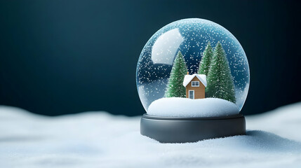 Winter snow globe with cabin and trees on snowy surface
