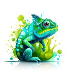Obraz premium Green colored chameleon. Liquid colorful splashes. White background.