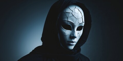 Mysterious figure with a cracked mask in dark setting.