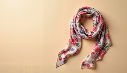 Floral scarf elegantly displayed against a soft beige background  