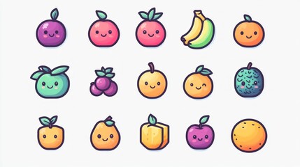 Cartoonish fruits with cute faces arranged in rows against a plain background, clip art
