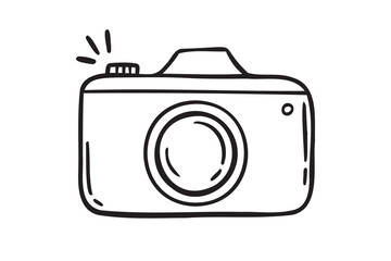 Camera hand drawn doodle isolated icon white background. Camera symbol outline drawn by hand.
