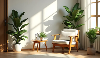 Cozy Chic Corner with Wooden Furniture and Greenery
