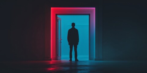 Obraz premium Silhouette of a Man Facing a Red and Blue Neon Doorway.