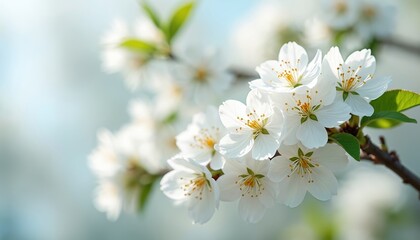 Close-up shot cherry blossom. White flowers with green leaves and tree branch. Spring bloom in garden. Floral background, fresh and natural, sunny light.