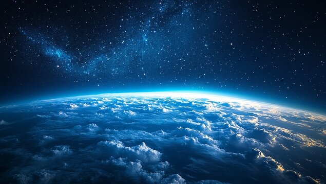 A breathtaking view of Earth from space, showcasing a stunning celestial panorama.  The vibrant blues and deep blacks create a captivating image.