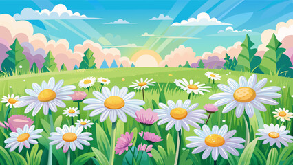 Obraz premium Meadow with lots of white and pink spring daisy flowers in sunny day