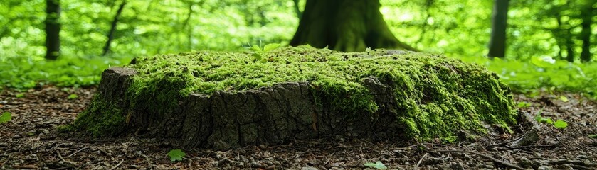 Fototapeta premium Forest Stump Covered in Moss, Nature Background, Calm, Forest Floor