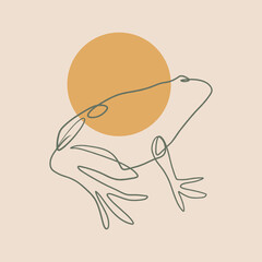 One line single linear drawing cute minimalistic frog, logo illustration or branding identity wed design. Amphibian toad animal icon concept. Trendy continuous hand-drawn vector clipart.