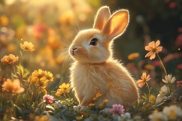 Fototapeta premium Golden Bunny Sitting Among Vibrant Flowers in Warm Sunlight