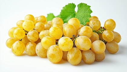 The grapes are arranged artfully, showcasing their plumpness and juicy texture. A single, vibrant green grape leaf adds a touch of freshness, enhancing the overall appeal of this still life image.