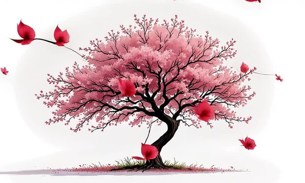 Cherry Blossom's Gentle Embrace: A serene illustration of a cherry blossom tree in full bloom, its delicate pink petals falling gracefully against a soft background.