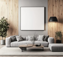Modern living room with gray sofa, wooden wall, and blank canvas.