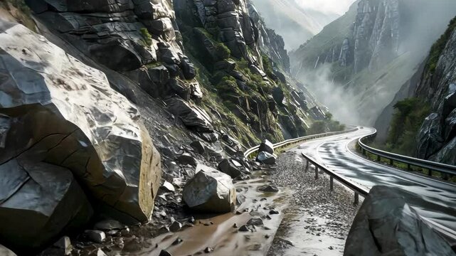 Mountain road blocked by landslide debris and rocks in rugged alpine terrain
