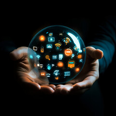 Create an realistic image : A pair of hands holding a sphere with various digital icons and symbols floating inside it. The background is dark, making the bright icons stand out, symbolizing technolo