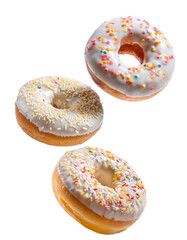 Three delicious glazed donuts falling on transparent background