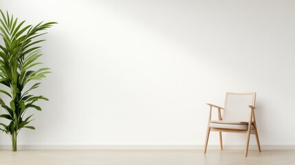 Simple interior setting features chair plant and white wall