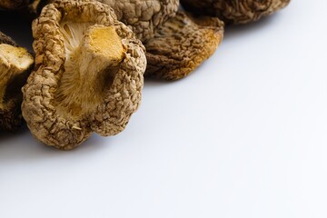 Detailed dried shiitake mushrooms arranged on a clean white surface, showcasing their authentic, natural charm.