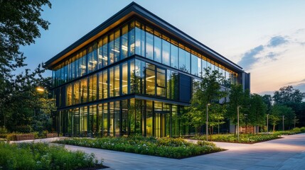 Obraz premium Ultra-modern eco-friendly building with large windows, surrounded by trees and renewable energy sources. generative ai