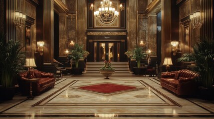 Obraz premium Luxurious hotel lobby with grand chandelier and elegant furniture