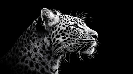 Obraz premium Elegant portrait of a leopard in monochrome showcasing the spotted coat and graceful profile against a black backdrop.