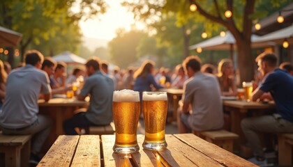 People enjoy outdoor beer garden, daylight, sunny weather. Friends drink beer, eat together, relax, fun, celebrate leisure time. Wooden tables, beer glasses in focus, blurred background with party