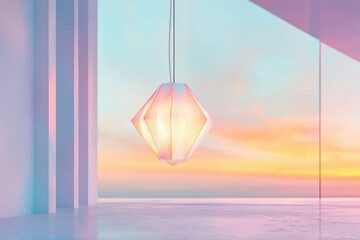 Geometric pendant lamp illuminates a minimalist room with pastel walls and a sunset view.