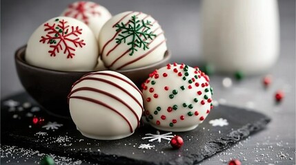 Obraz premium Close-up bowl of chocolates on table; glass of milk, bottle milk in background