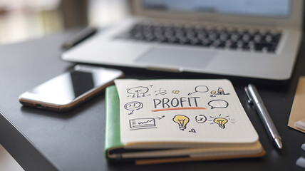 Notebook with the word PROFIT and doodles plus a phone laptop and pen on a dark surface.