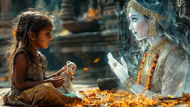 Poor Indian girl encounters ghost of fairy princess while playing with old doll in enchanting temple setting