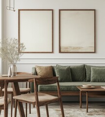 Modern living room with green sofa, wooden furniture, and artwork.