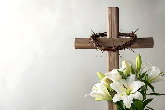 A solemn wooden cross adorned with a crown of thorns, embraced by a bouquet of pure white lilies, symbolizing remembrance and peace against a softly lit neutral background.