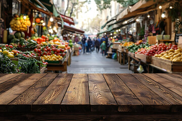 Wooden table with a blurred view of a bustling outdoor market showcasing fresh produce.