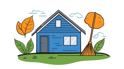 Autumn house cleaning Broom sweeps leaves near blue house