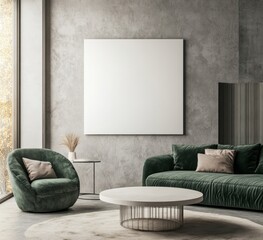 Modern living room with green velvet sofa, armchair, and blank canvas.
