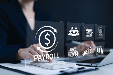 Payroll Management and Salary Processing System. Businesswoman calculates payroll, with icons...