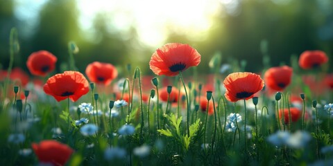 Obraz premium Vibrant poppy flowers bloom in a sunlit field during spring, showcasing nature's beauty and color diversity