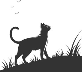 Silhouette of a black cat in the meadow vector illustration