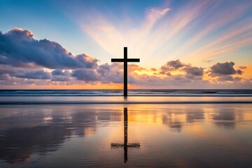 A solitary cross stands tall against a breathtaking sunset over a tranquil ocean, reflecting hope and peace in a serene coastal scene with warm, golden light.