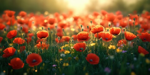 Obraz premium Vibrant poppy field at sunset highlights nature's beauty and tranquility in a blooming landscape