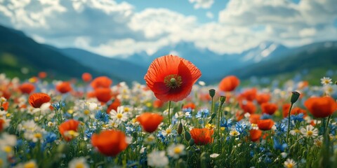 Obraz premium Vibrant wildflower meadow with red poppies and blue flowers under a clear sky in the mountains during spring