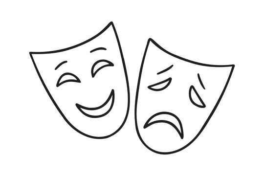 Two ancient traditional theatrical mask. greek game human masks doodle hand drawn icon. Outline drawing Comedy and tragedy mask line clipart symbol