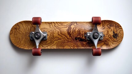 A wooden skateboard featuring four wheels and metal trucks
